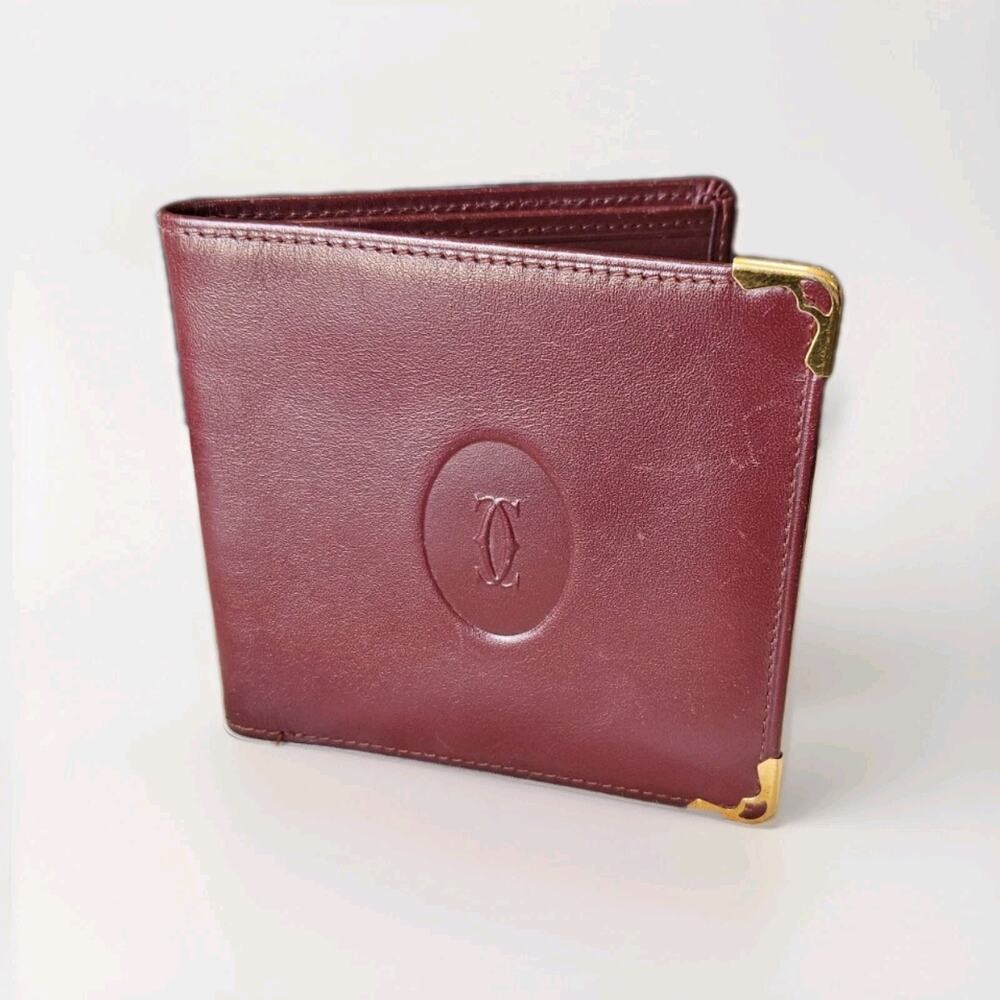 Cartier Must De Cartier Leather Bifold Wallet Bordeaux Gold Vintage Card Case